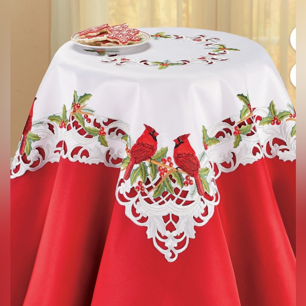 Lovely Cardinals on Holly Branches Holiday Table Linen Square (New)